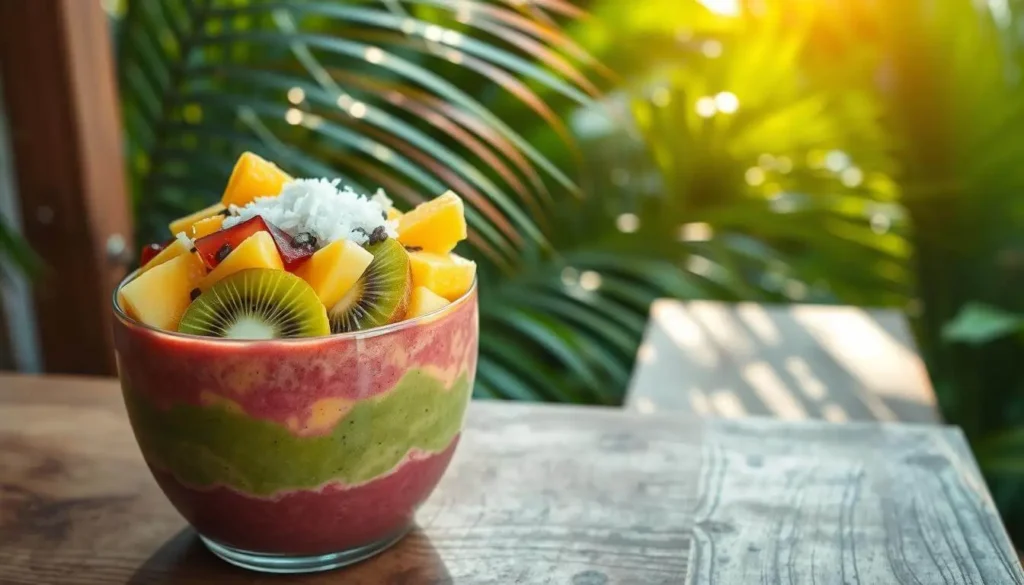 A beautifully arranged Instagram-worthy smoothie bowl topped with vibrant fruits, granola, coconut flakes, and edible flowers.