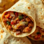 A close-up of a perfectly wrapped burrito, cut in half to reveal juicy seasoned meat, fresh veggies, melted cheese, and creamy guacamole, served on a rustic wooden board with a side of salsa.