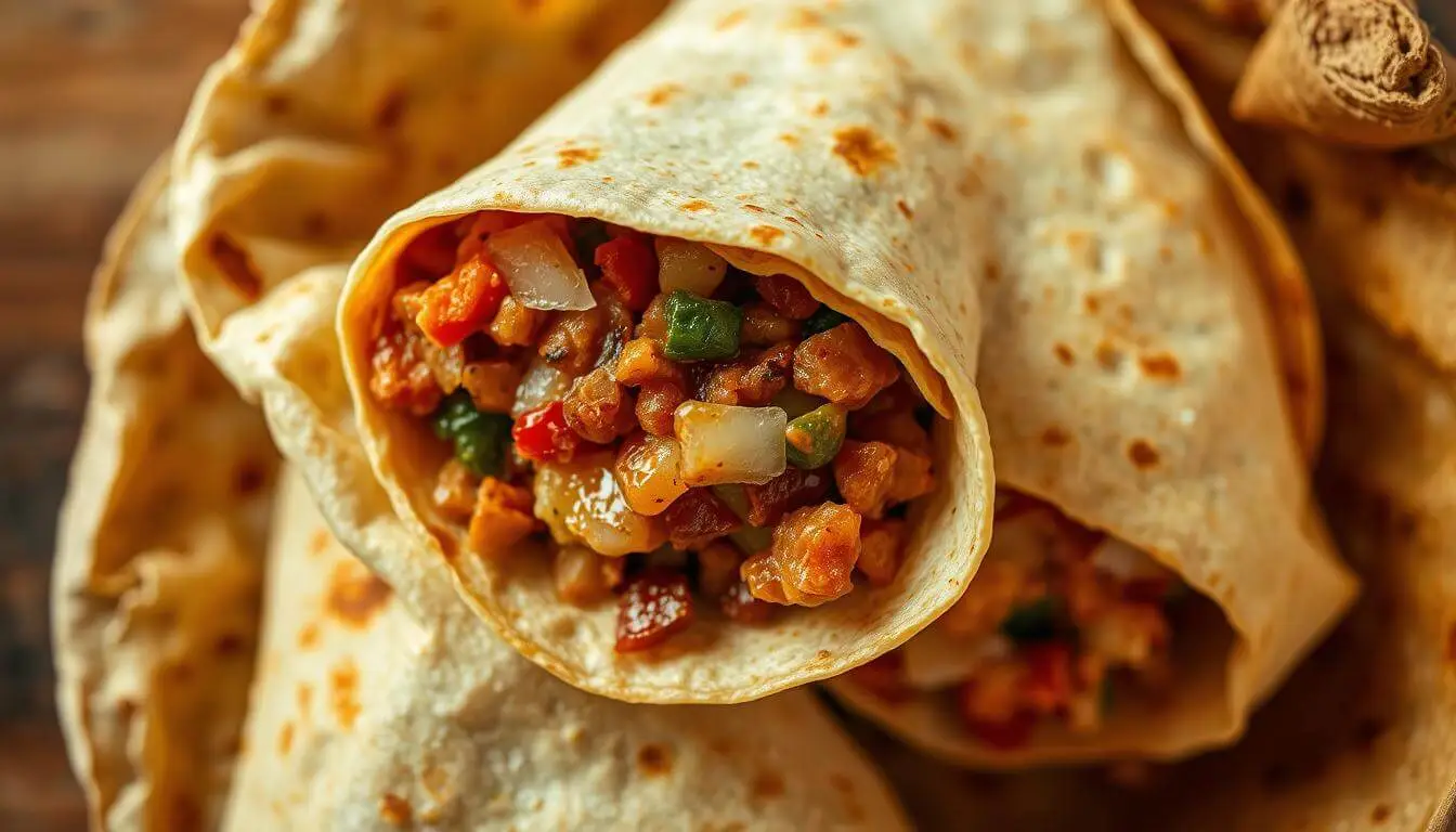 A close-up of a perfectly wrapped burrito, cut in half to reveal juicy seasoned meat, fresh veggies, melted cheese, and creamy guacamole, served on a rustic wooden board with a side of salsa.