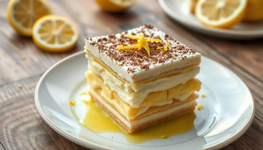 A delicious slice of Limoncello Tiramisu with creamy mascarpone layers, ladyfingers soaked in Limoncello, and lemon zest garnish.