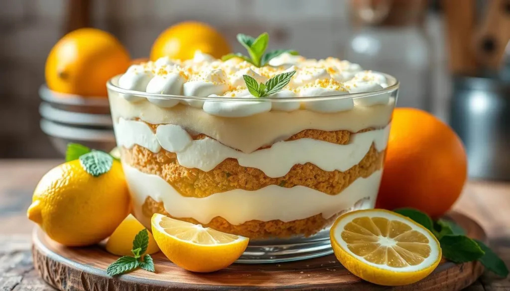 A close-up of a Limoncello Tiramisu, showing layers of mascarpone, soaked ladyfingers, and a hint of lemon zest, with Italian-inspired decor.