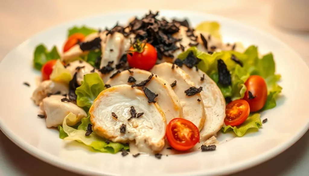 A gourmet black truffle chicken salad served in an elegant bowl, garnished with fresh herbs and accompanied by toasted bread.