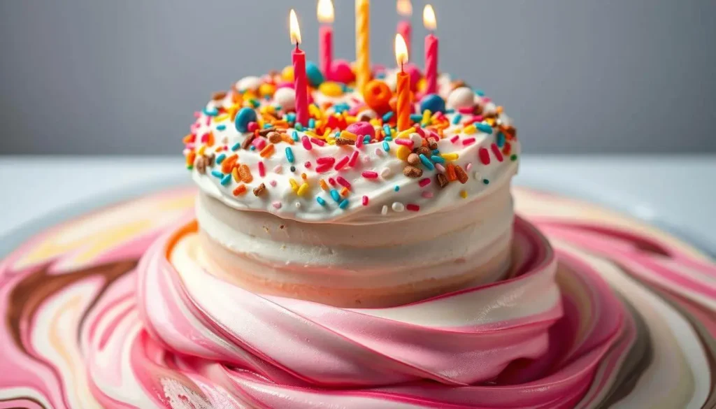 A creamy scoop of birthday cake ice cream swirled with sprinkles and cake pieces, served in a festive bowl.