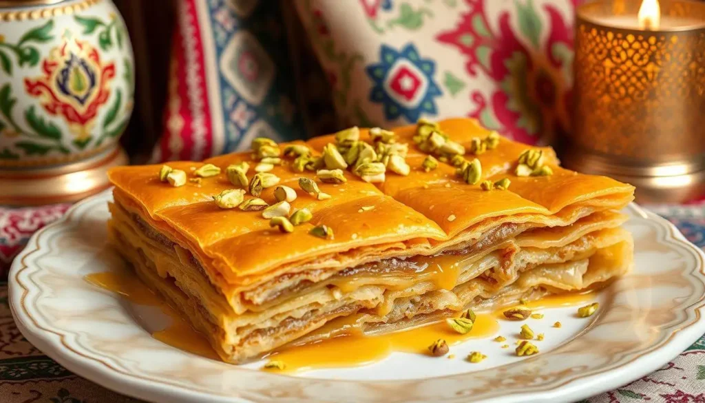 A close-up of pistachio baklava with golden, crispy layers of phyllo dough, visible layers of crushed pistachios, and a drizzle of honey syrup. The baklava is set against a backdrop of antique kitchenware, giving a nod to its rich heritage.