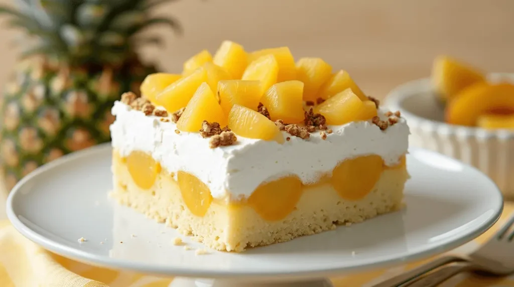 A beautifully presented Hawaiian pineapple cake with caramelized pineapple rings, sitting on a rustic wooden table. Fresh pineapples, coconut, and tropical flowers surround the cake, creating a warm, inviting atmosphere.