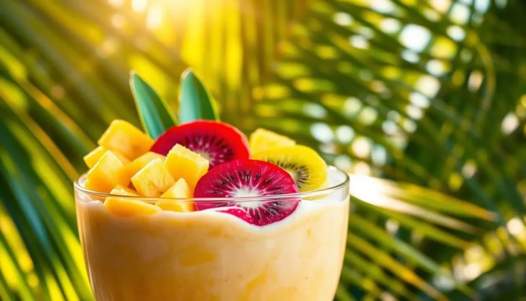 A vibrant tropical smoothie bowl topped with fresh mango, dragon fruit, shredded coconut, granola, chia seeds, passion fruit, and edible flowers.