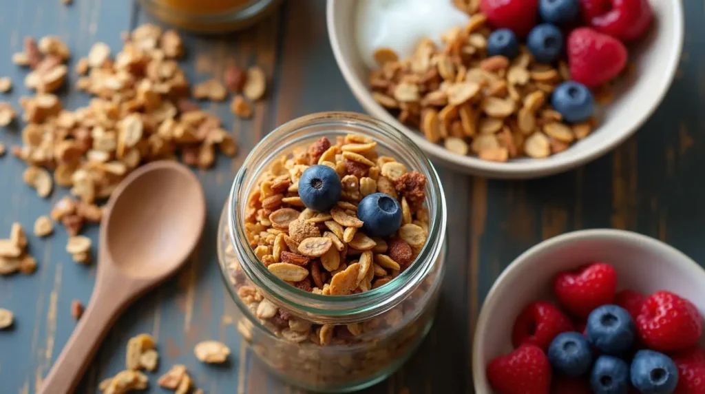 A close-up of homemade granola with oats, nuts, and dried fruit in a glass jar, with a wooden spoon and honey drizzle on a rustic countertop.