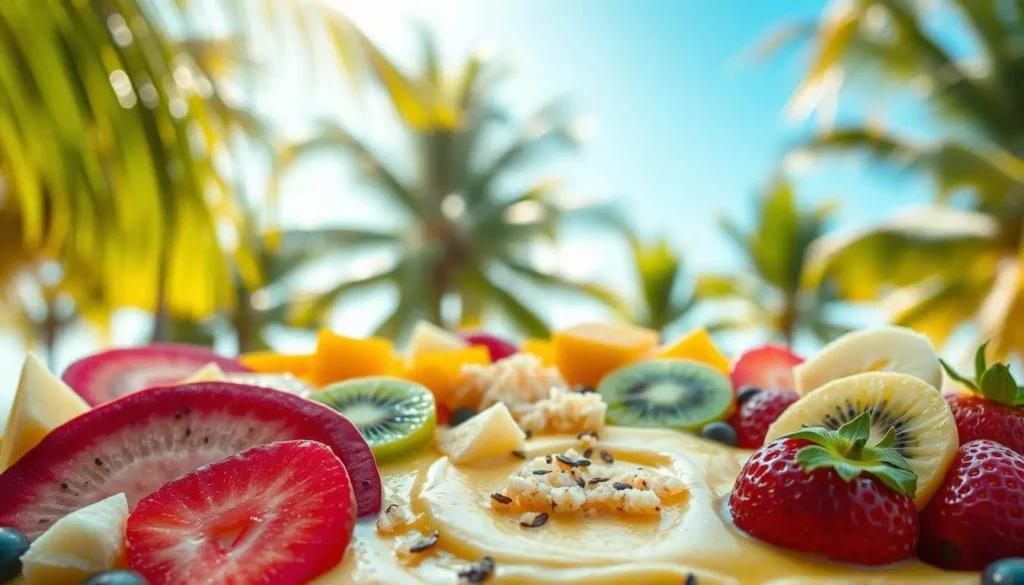 A creamy tropical smoothie bowl base made from bananas, mangoes, and pineapples, blended to perfection.