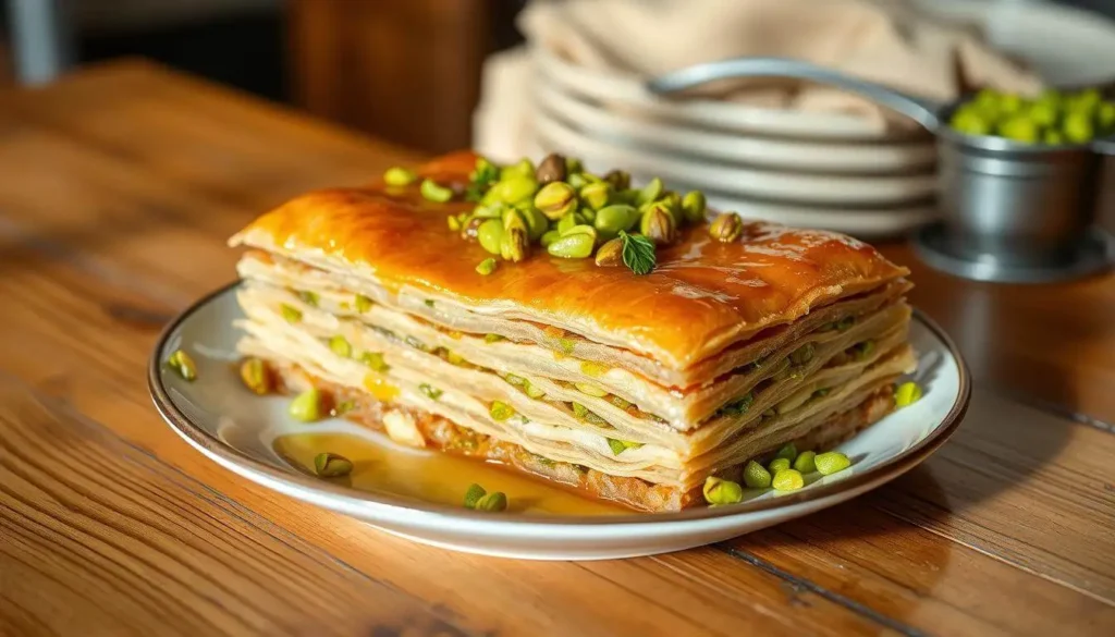 A close-up of authentic pistachio baklava showcasing its golden, crispy layers of phyllo dough, visible crushed pistachios inside, and a glossy honey syrup coating. The baklava is elegantly placed on a traditional plate with intricate patterns.