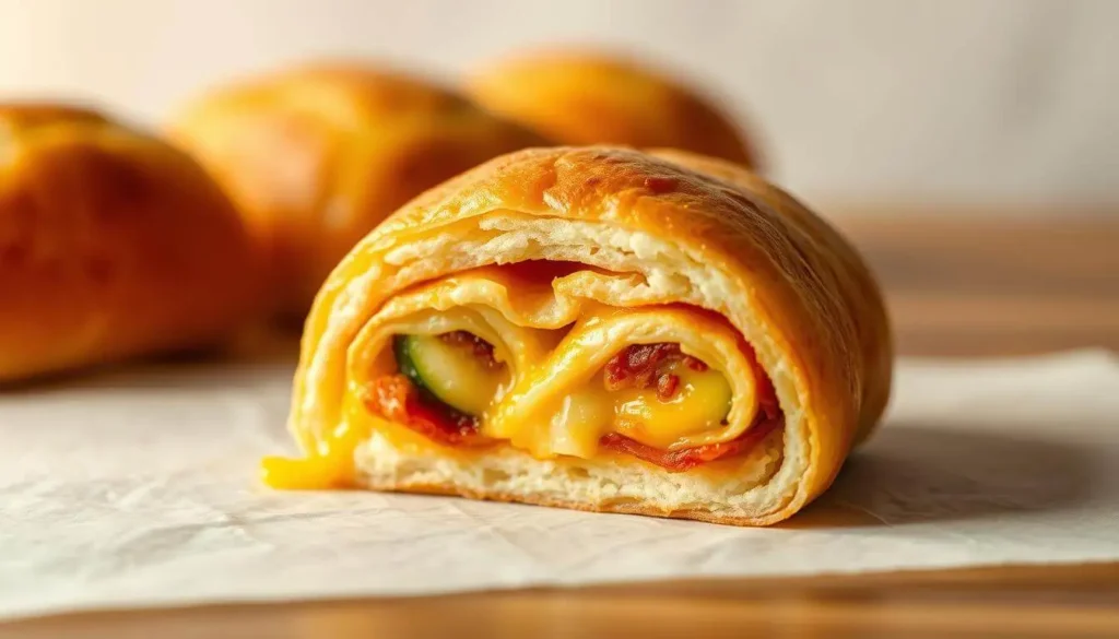 Golden, cheesy breakfast pizza rolls filled with eggs, bacon, and melted cheese, served on a rustic wooden tray.