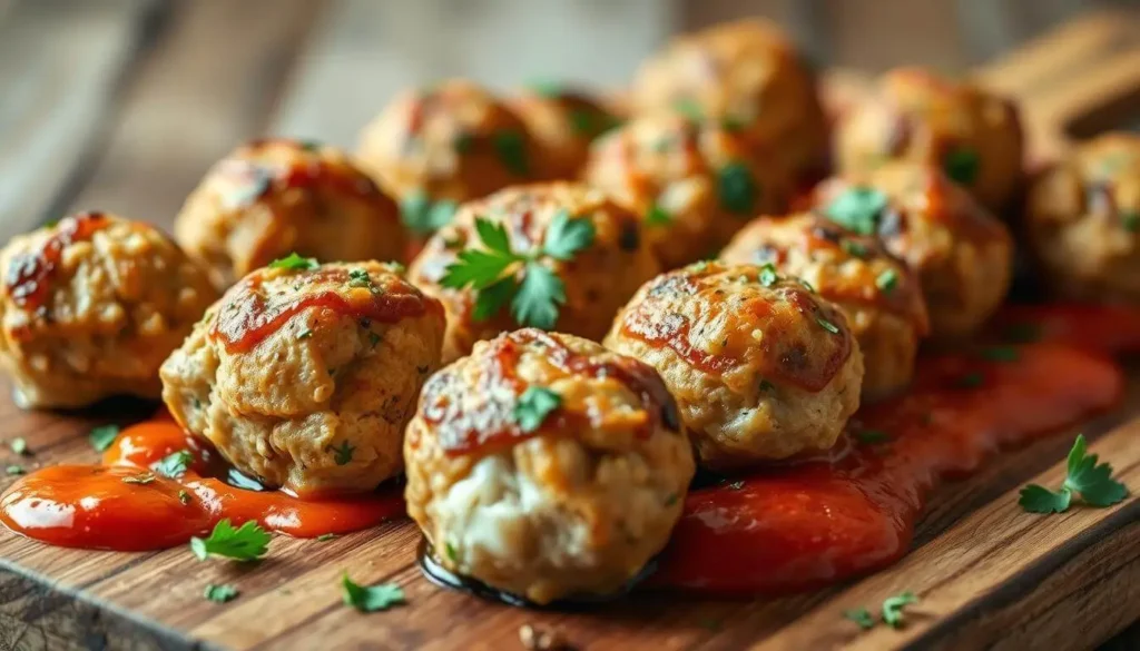 A plate of juicy chicken ricotta meatballs topped with fresh herbs and served with marinara sauce.