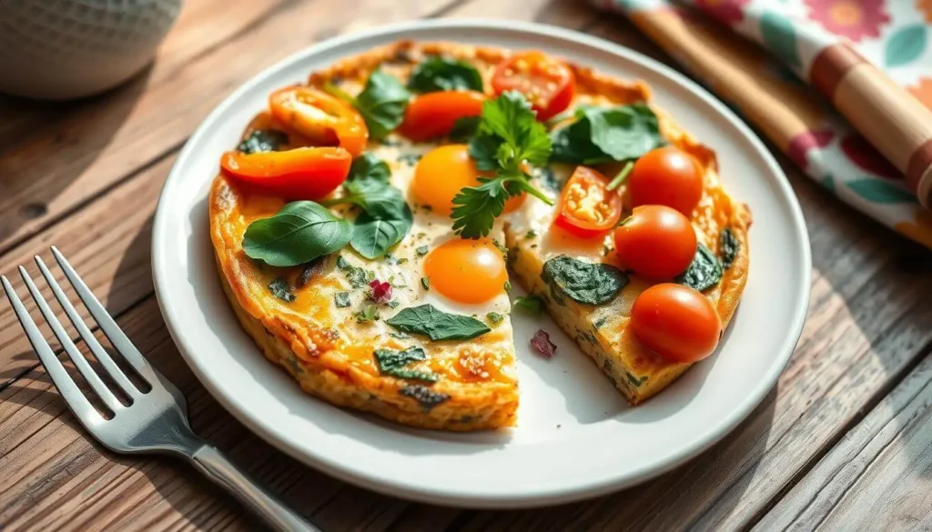 A freshly baked egg white frittata with colorful vegetables, served in a skillet and garnished with fresh herbs.